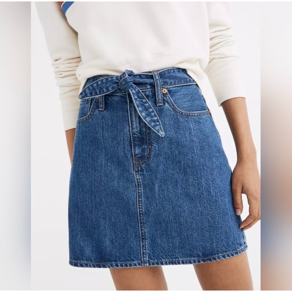MADEWELL Rigid Denim Straight Mini Skirt, Built-In Waist Tie, Haydel Wash, Sz 3